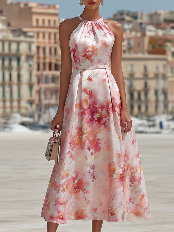 Violetta — Abito Midi con Scollo Halter a Fantasia Floreale Acquerello