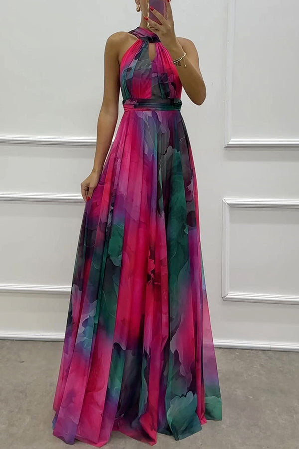 Elaine — Abito Lungo in Tulle con Stampa Floreale, Cut-out e Collo all'Americana