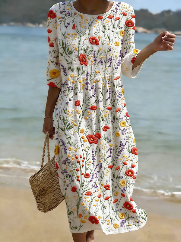 Christina — Abito Lungo a Fiori con Scollo Tondo