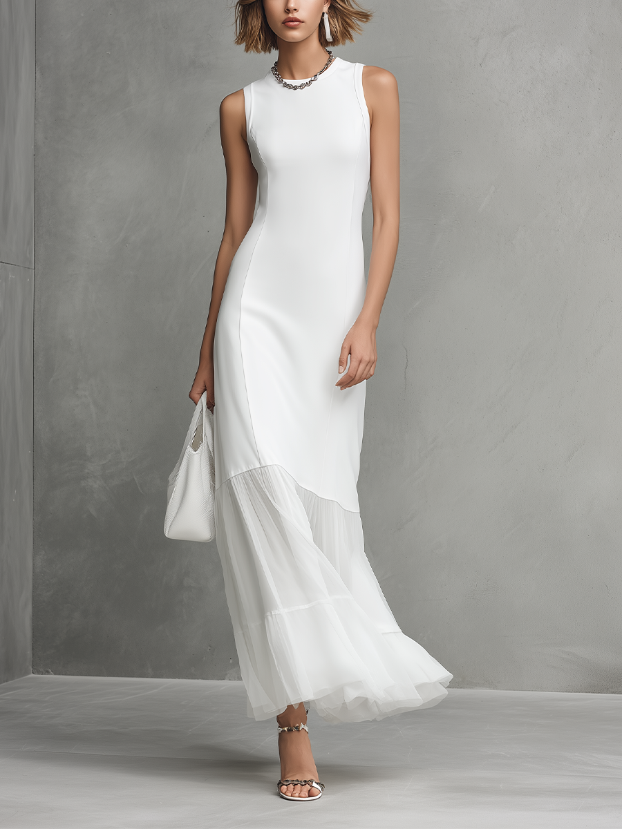 Elegant — Abito Bianco Smanicato in Milk Silk e Chiffon