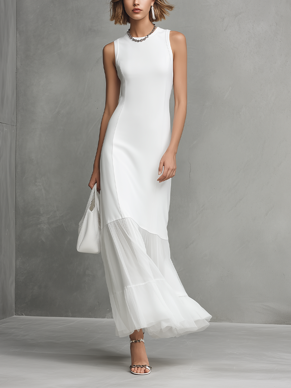 Elegant — Abito Bianco Smanicato in Milk Silk e Chiffon