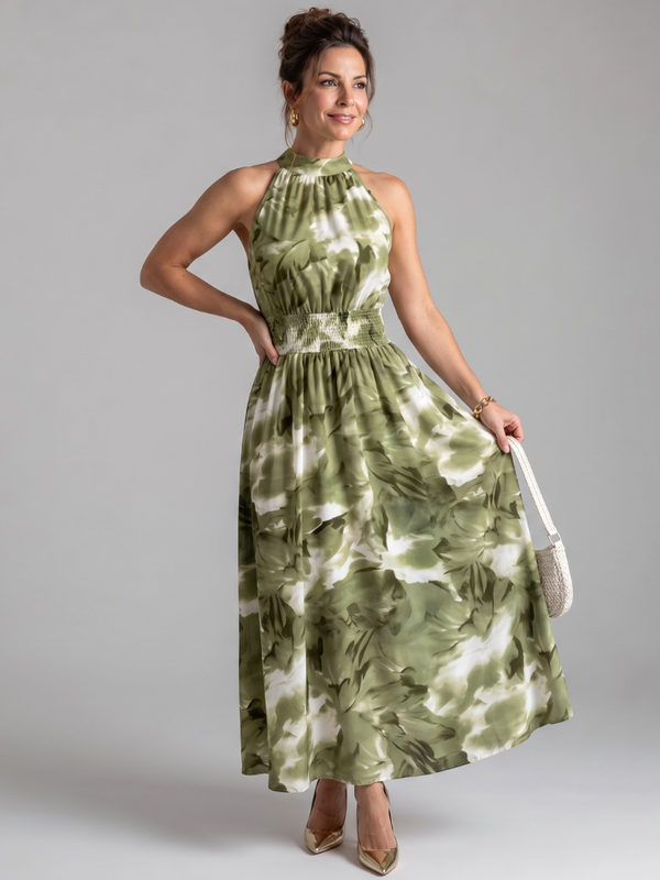 Olivia — Abito Midi con Scollo all'Americana e Stampa Astratta
