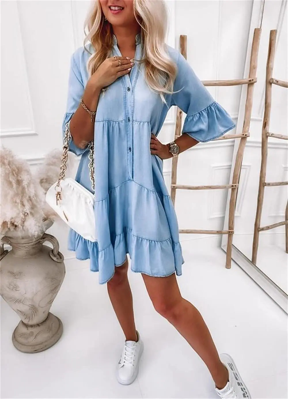 Clarissa — Abito Midi in Denim a Balze