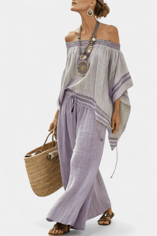 Zandrel — Completo Top a Spalle Scoperte e Pantaloni a Righe a Gamba Larga