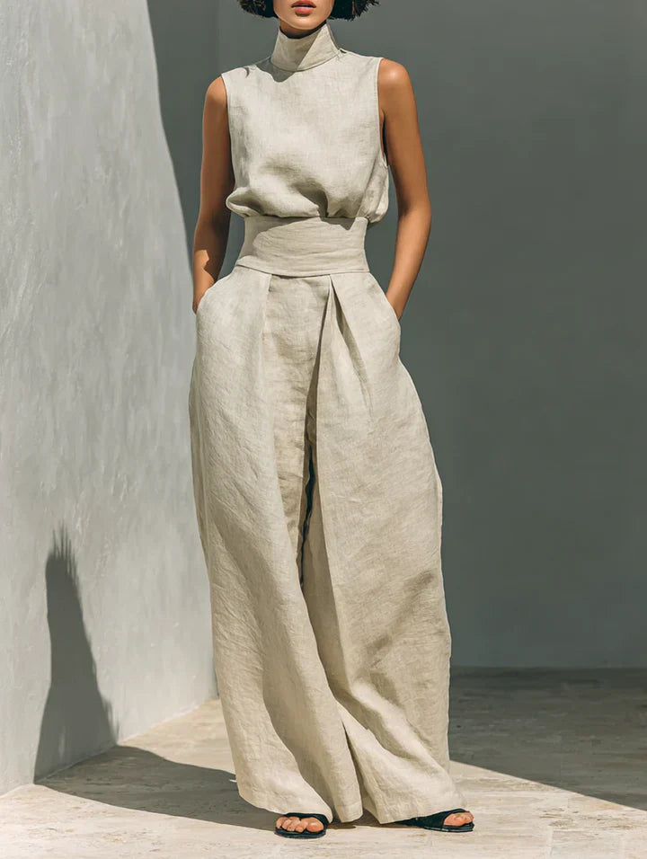Flor™ — Completo Minimal in Cotone e Lino con Blusa Smanicata e Pantaloni a Gamba Larga
