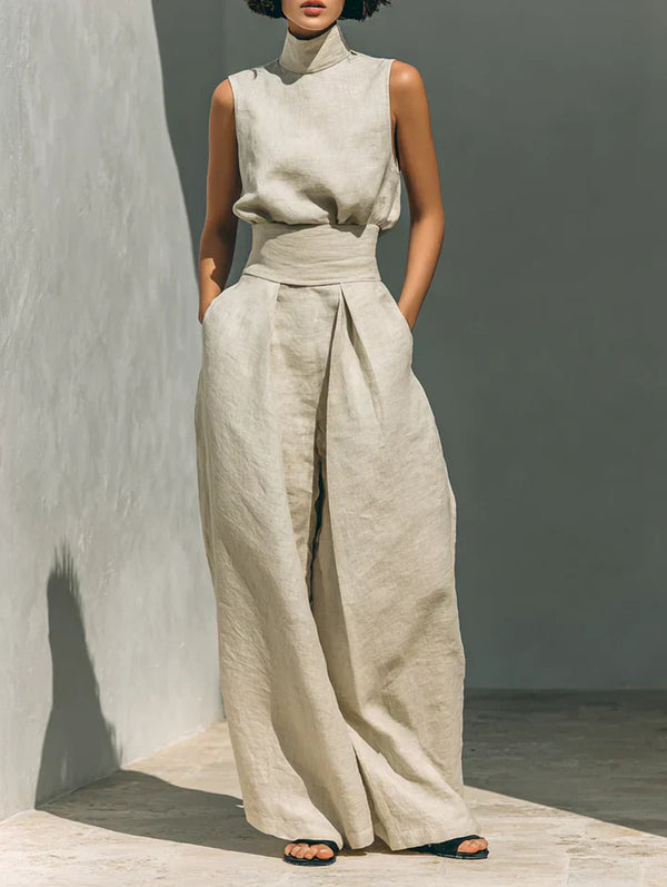 Flor™ — Completo Minimal in Cotone e Lino con Blusa Smanicata e Pantaloni a Gamba Larga