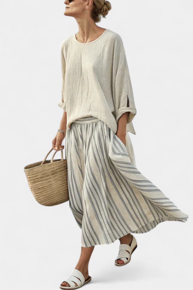 Aurcyn — Completo con Blusa Morbida e Gonna Midi a Righe