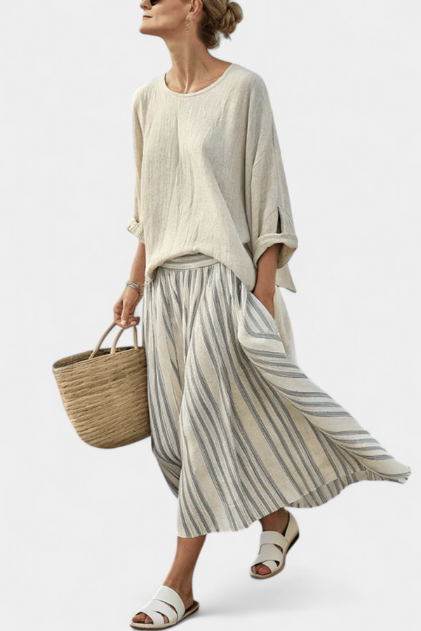 Aurcyn — Completo con Blusa Morbida e Gonna Midi a Righe