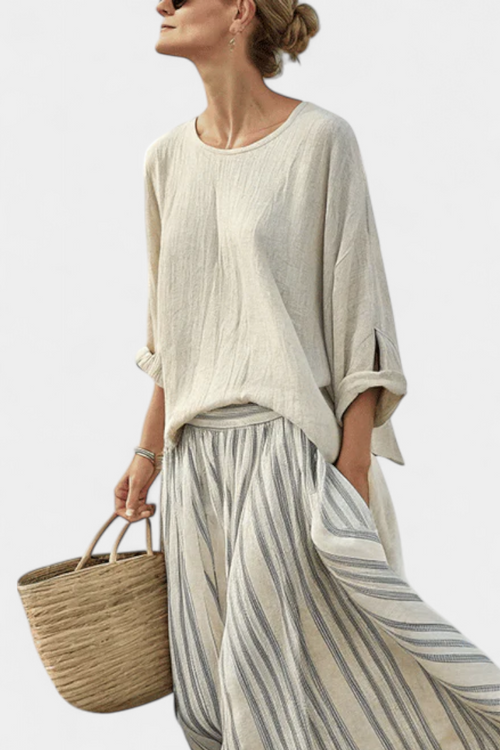 Aurcyn — Completo con Blusa Morbida e Gonna Midi a Righe