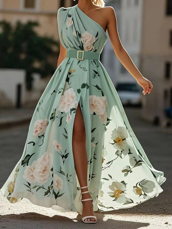 Sella — Abito Lungo in Chiffon a Linea A Monospalla con Drappeggio