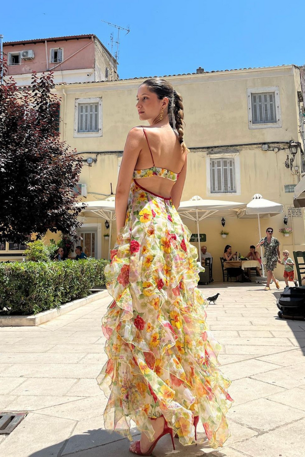 Velora — Abito Lungo in Chiffon con Stampa Rose e Spacco