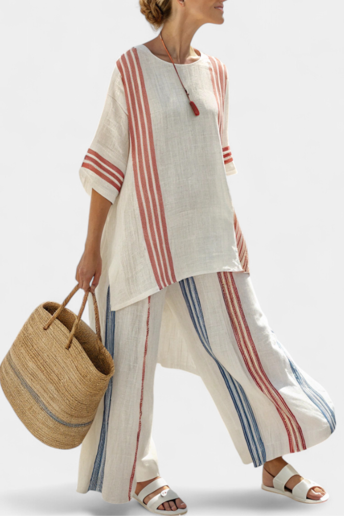 Solvane — Completo con Top a Righe Multicolore e Pantaloni Mediterranei