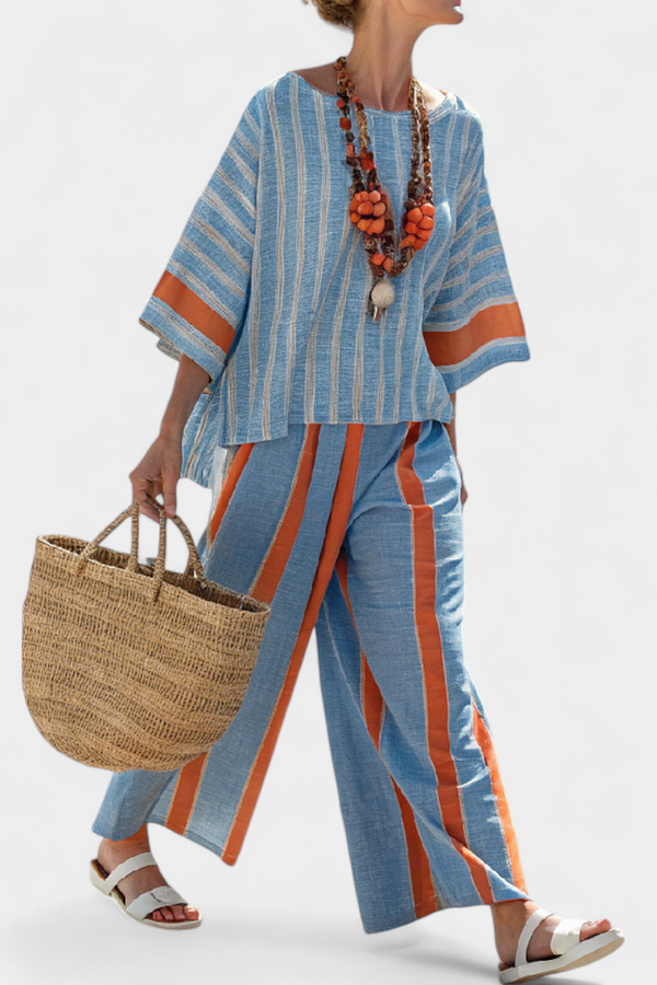 Velmere — Completo Top a Righe Terracotta e Pantaloni in Lino