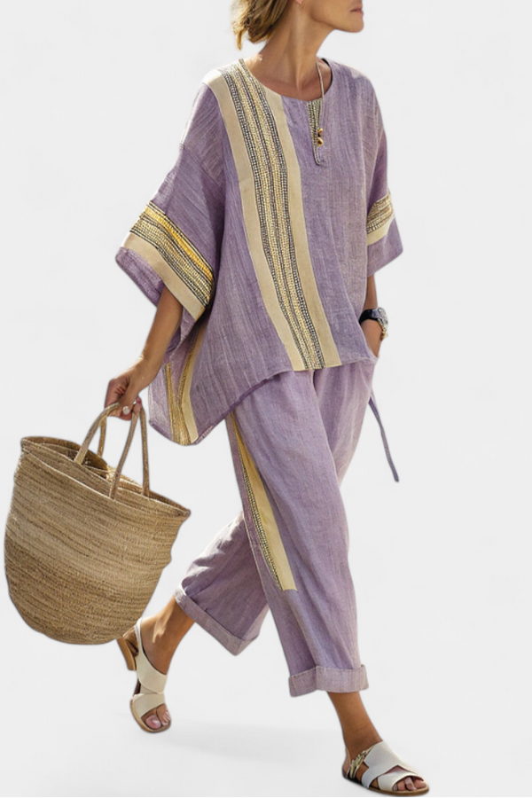 Elowric — Completo Top Lavanda e Pantaloni a Righe Senape