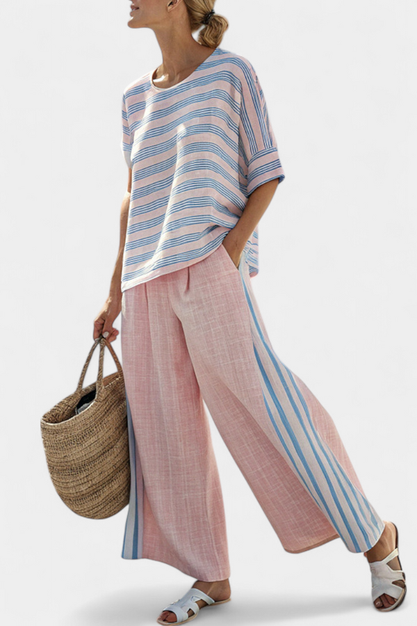Virella — Completo con Blusa in Lino Rosa-Azzurro e Pantaloni Morbidi