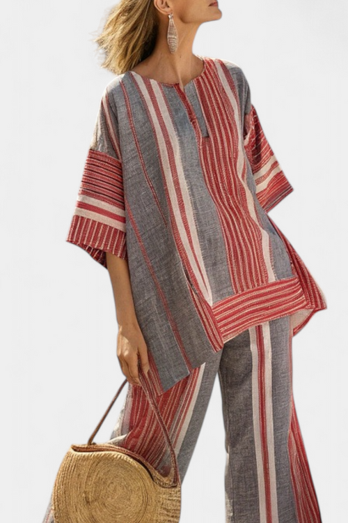 Bravine — Completo Top in Lino Corallo-Grigio e Pantaloni a Gamba Larga