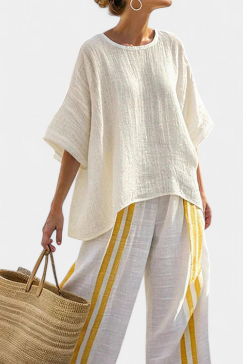 Anselor — Completo Top in Lino a Righe Gialle e Pantaloni a Gamba Larga
