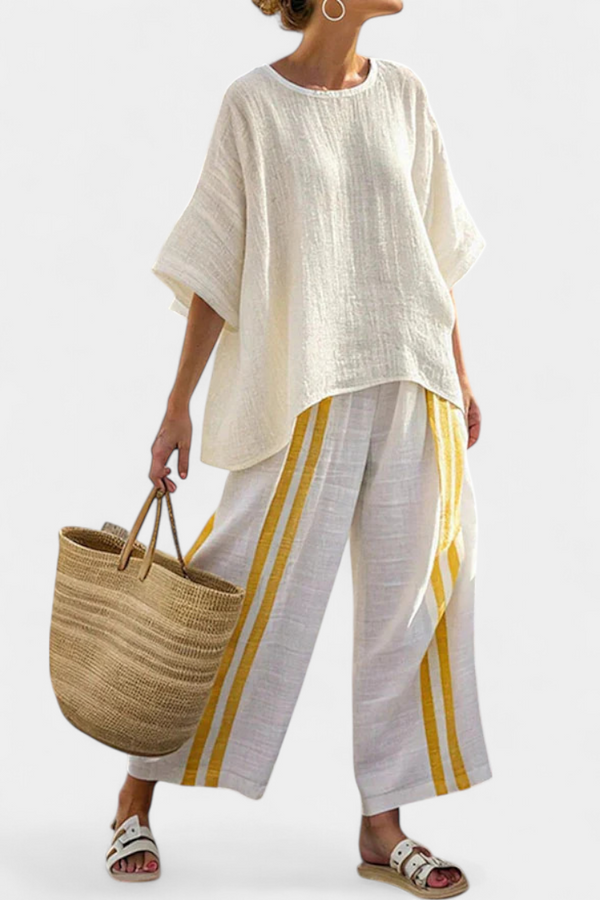Anselor — Completo Top in Lino a Righe Gialle e Pantaloni a Gamba Larga