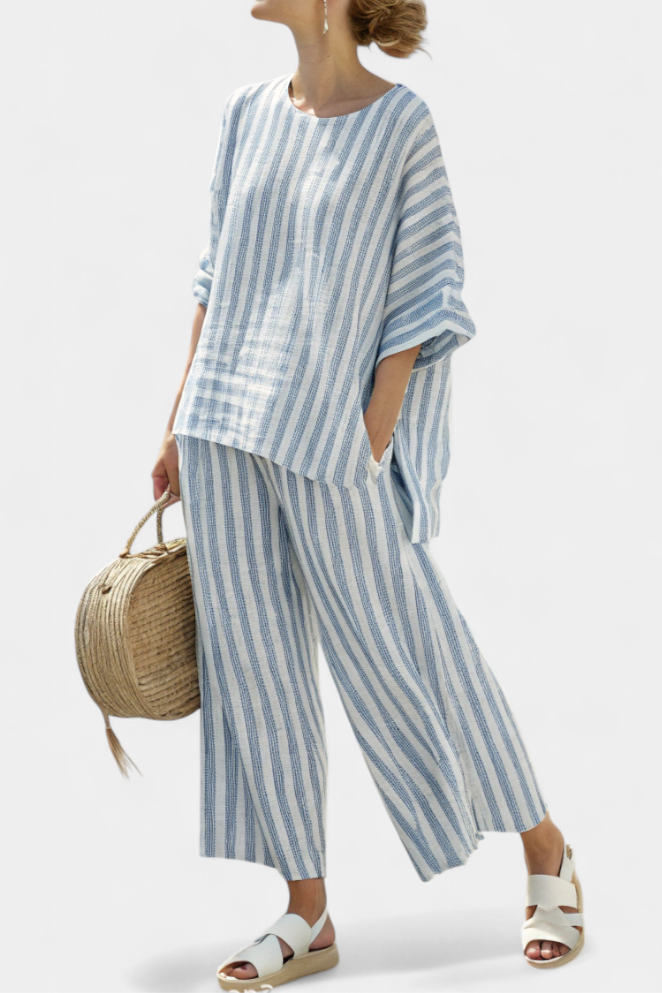 Rensleigh — Completo in Lino a Righe Blu con Top e Pantaloni Comodi