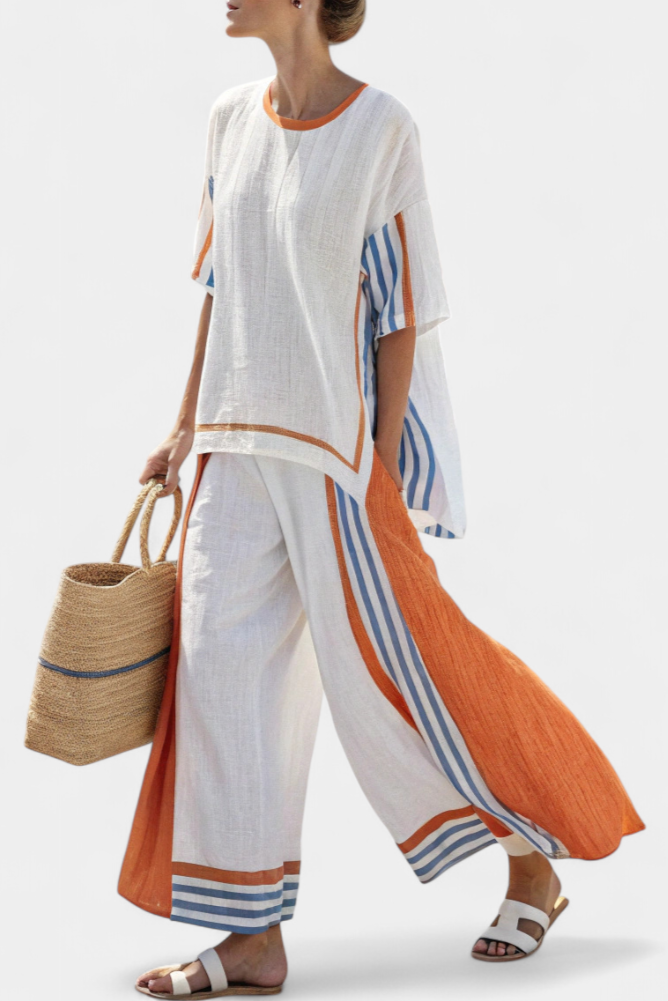 Thorneil — Completo Pantaloni a Righe a Gamba Larga e Top in Lino