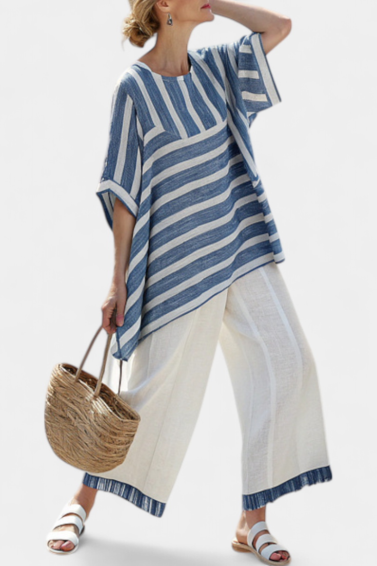 Corvielle — Completo in Lino a Righe Blu con Pantaloni dal Dettaglio all'Orlo