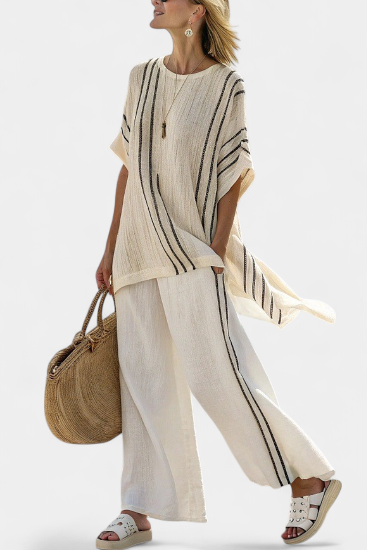 Greysen — Completo Blusa in Lino Avorio e Pantaloni a Righe Nere