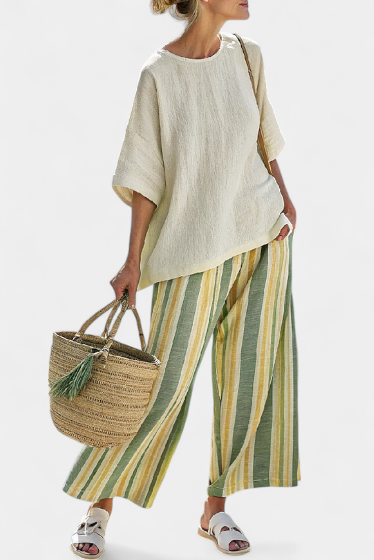 Ellowyn — Completo Top Raffinato e Pantaloni in Lino a Righe