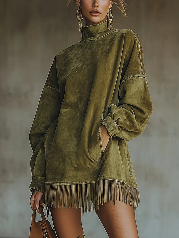 Darcie — Abito in Camoscio con Frange e Collo Alto