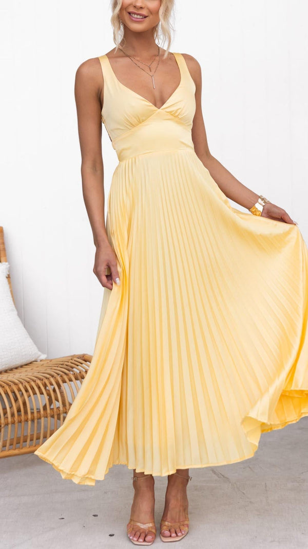 Maddalena — Abito Lungo Giallo Plissettato Scollo a V