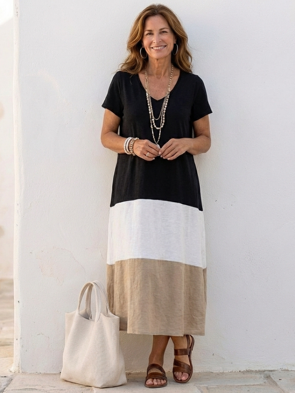 Thalia — Abito Midi a Blocchi di Colore con Scollo a V e Maniche Corte