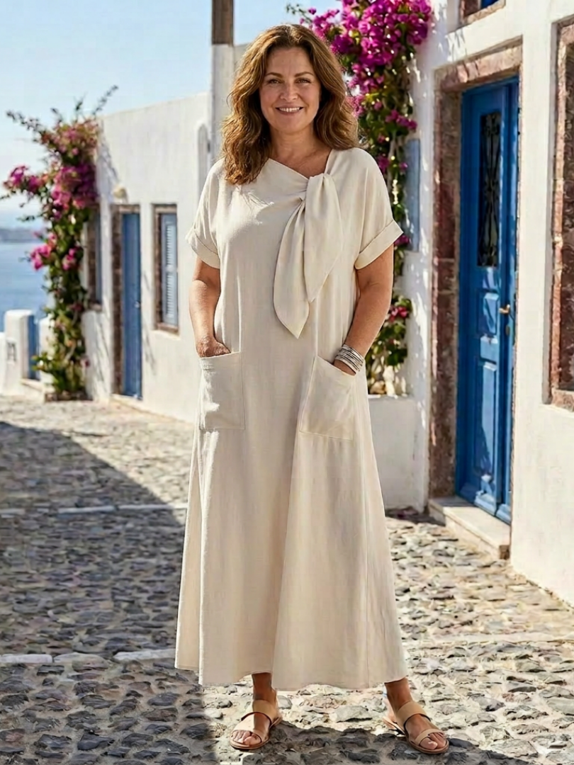 Elowyn — Abito Lungo con Scollo Tondo, Maniche Corte e Tasche
