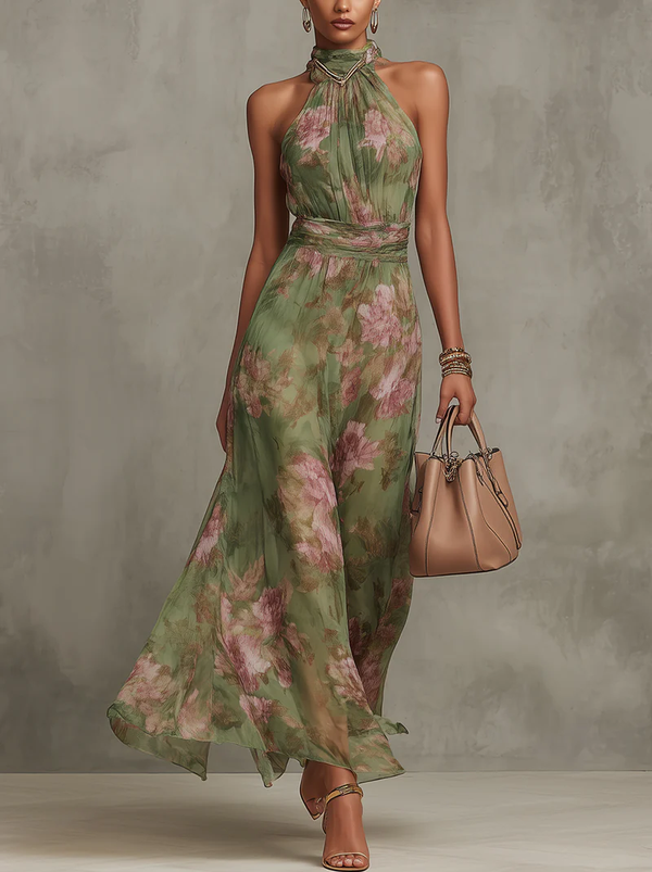 Serena — Abito Lungo a Fiori con Scollo all'Americana