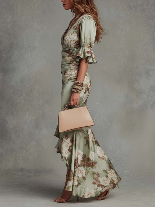 Anastasia — Abito Lungo in Satin Verde a Fiori con Taglio Asimmetrico