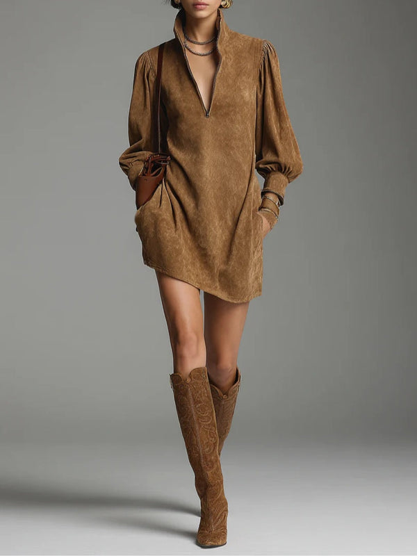 Florence — Mini Abito in Camoscio con Collo Alto