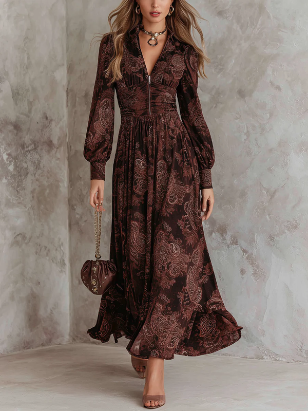 Marlene — Abito Midi Paisley con Collo Zip