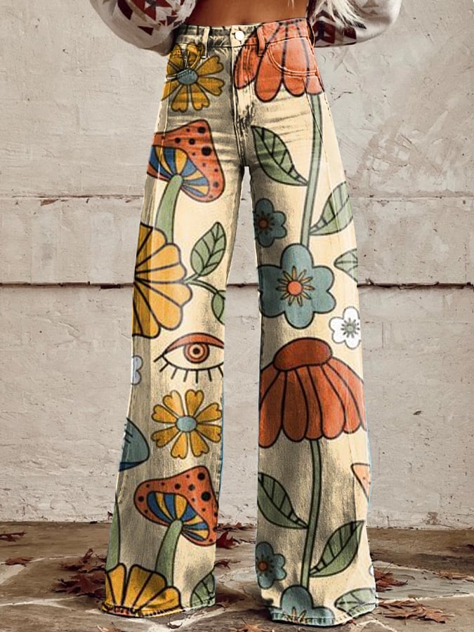 Zinnia — Pantaloni Boho Vintage a Gamba Larga