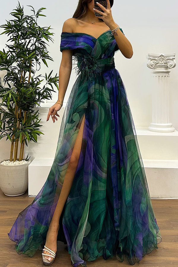 Jinnie — Abito Lungo in Tulle con Spalle Scoperte, Dettagli Floreali e Spacco