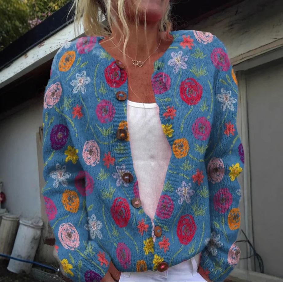Tilda — Cardigan Smanicato Blu a Fiori