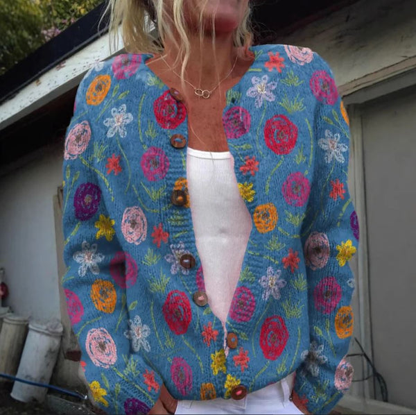 Tilda — Cardigan Smanicato Blu a Fiori