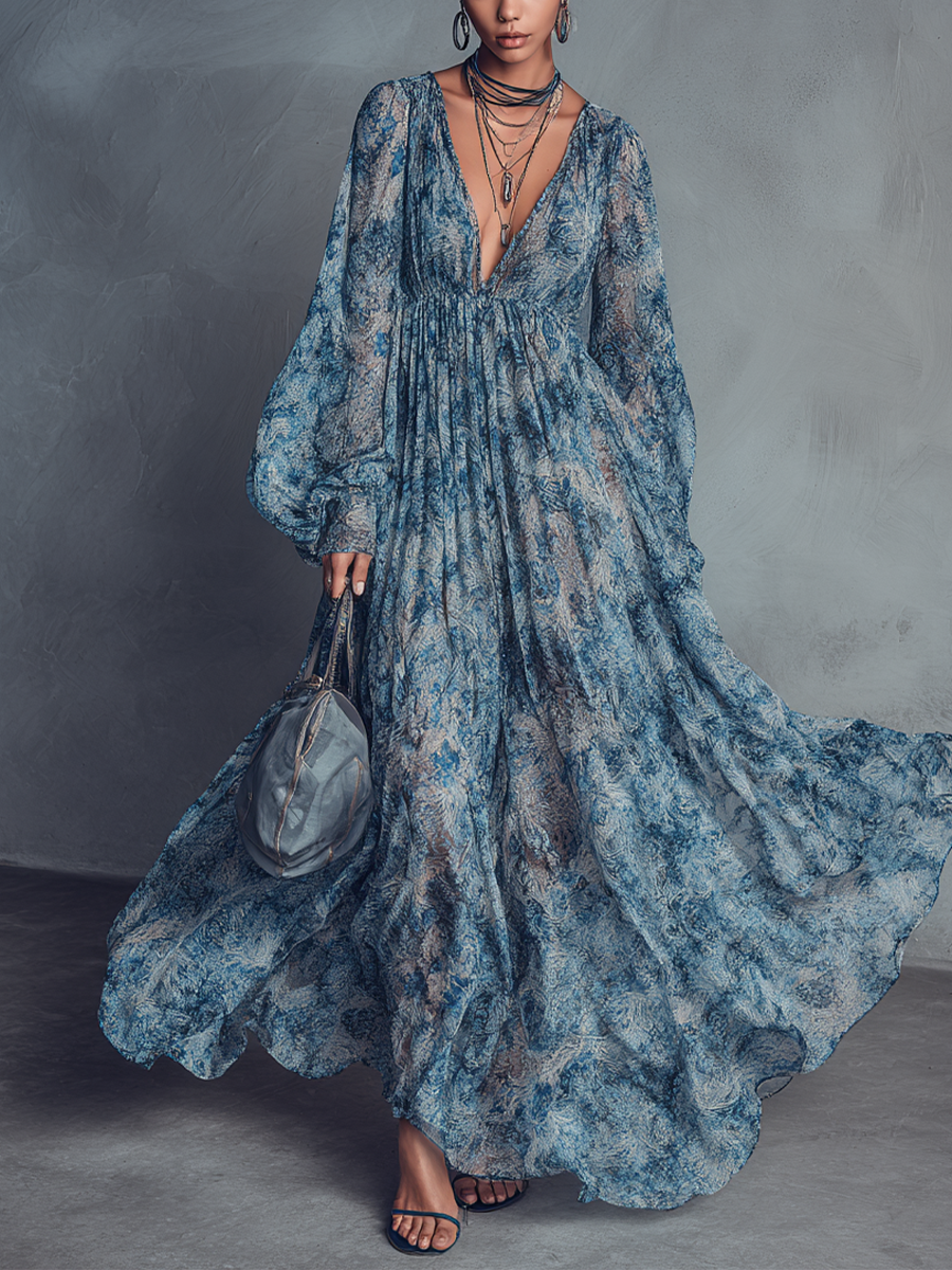 Grace — Abito Lungo Bohémien in Chiffon a Fiori Blu