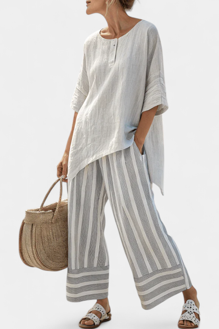 Talvora — Completo Blusa Asimmetrica e Pantaloni a Righe