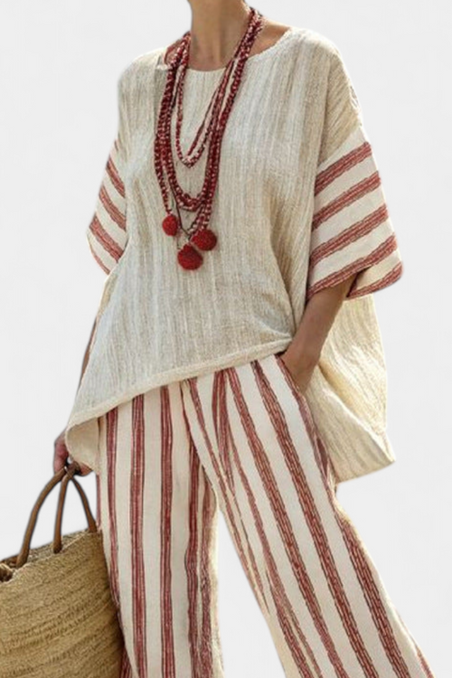 Braelith — Completo Top a Righe Rustiche e Pantaloni in Lino Crema