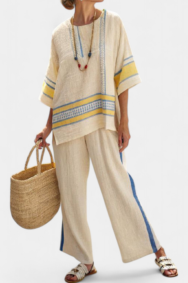 Jaxmere — Completo Top Mediterraneo Blu-Giallo e Pantaloni in Lino