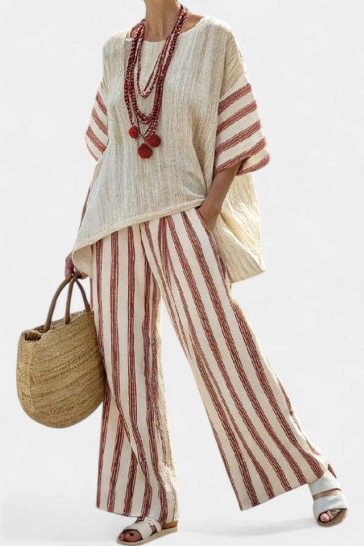 Braelith — Completo Top a Righe Rustiche e Pantaloni in Lino Crema