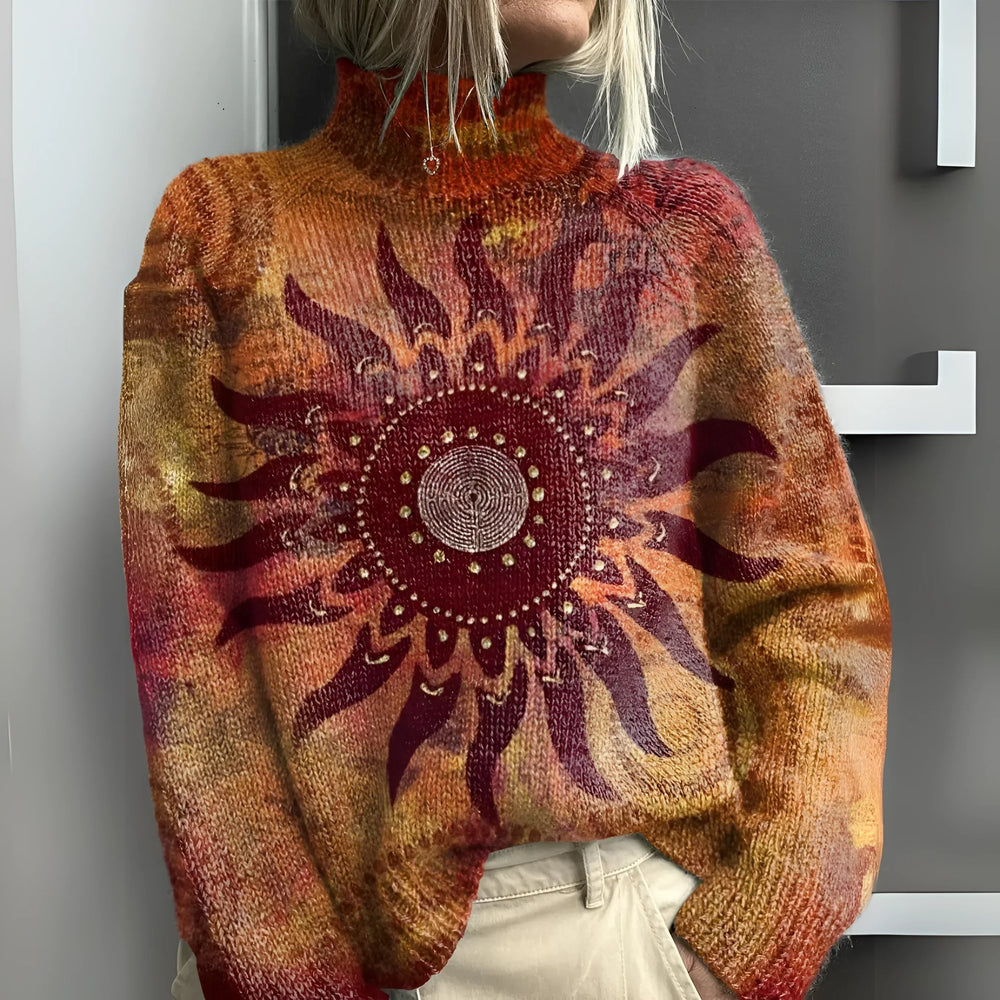 Eline — Maglione Dolcevita in Maglia con Motivo Sole Tribale